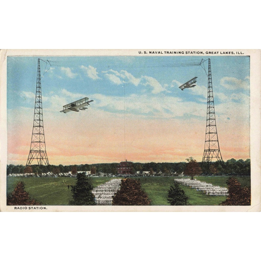 Vtg US Naval Training Station Great Lakes IL Radio Station Biplanes Postcard